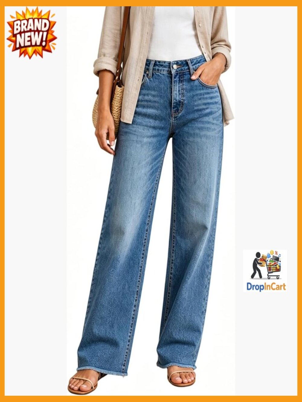 High Waisted Straight Leg Jeans Stretchy Loose Fit Tummy Control Raw Hem Denim - Picture 1 of 7